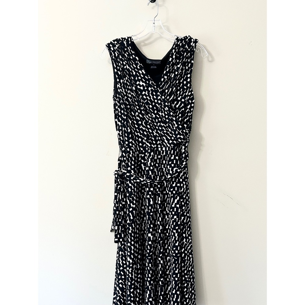 Jessica Howard Womens 14 Black White Geometric Faux Wrap Sleeveless Midi Dress